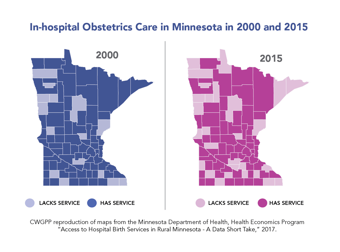 Two maps of Minnesota demonstrate the decreasing access of prenatal care for MN women, especially in rural MN between 2000 and 2015.