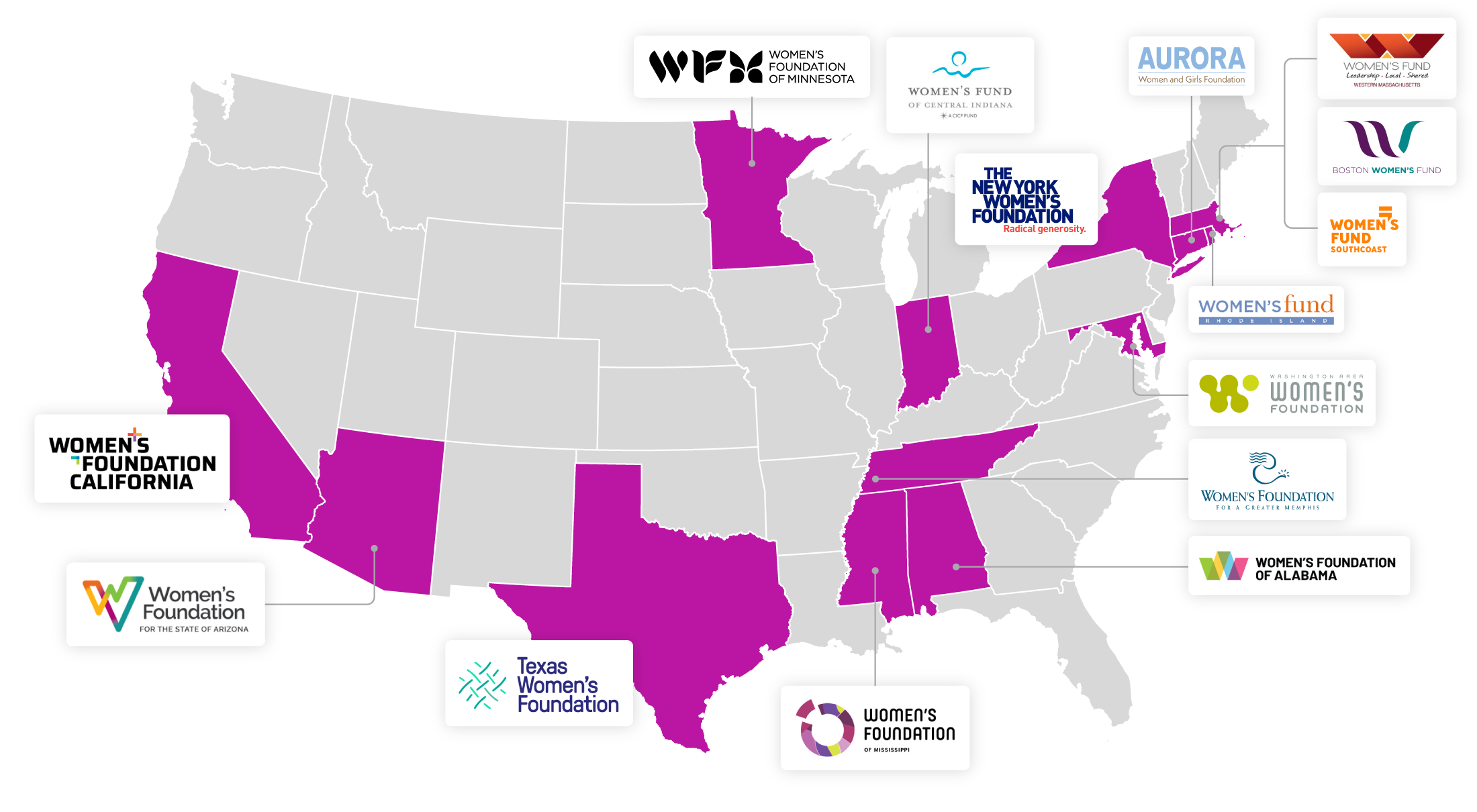 Map graphic of the National Philanthropic Collaborative of Young Women’s Initiative
