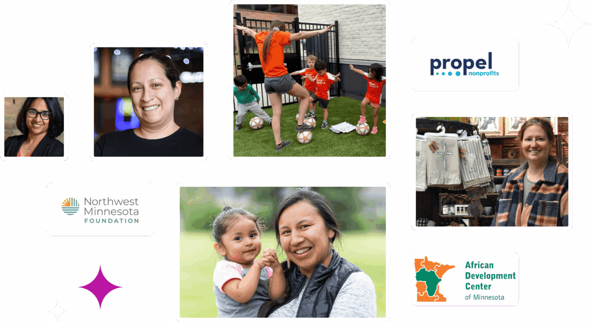 A collage of images of happy people, including logos for Propel Nonprofits, Northwest Minnesota Foundation and African Development Center of Minnesota